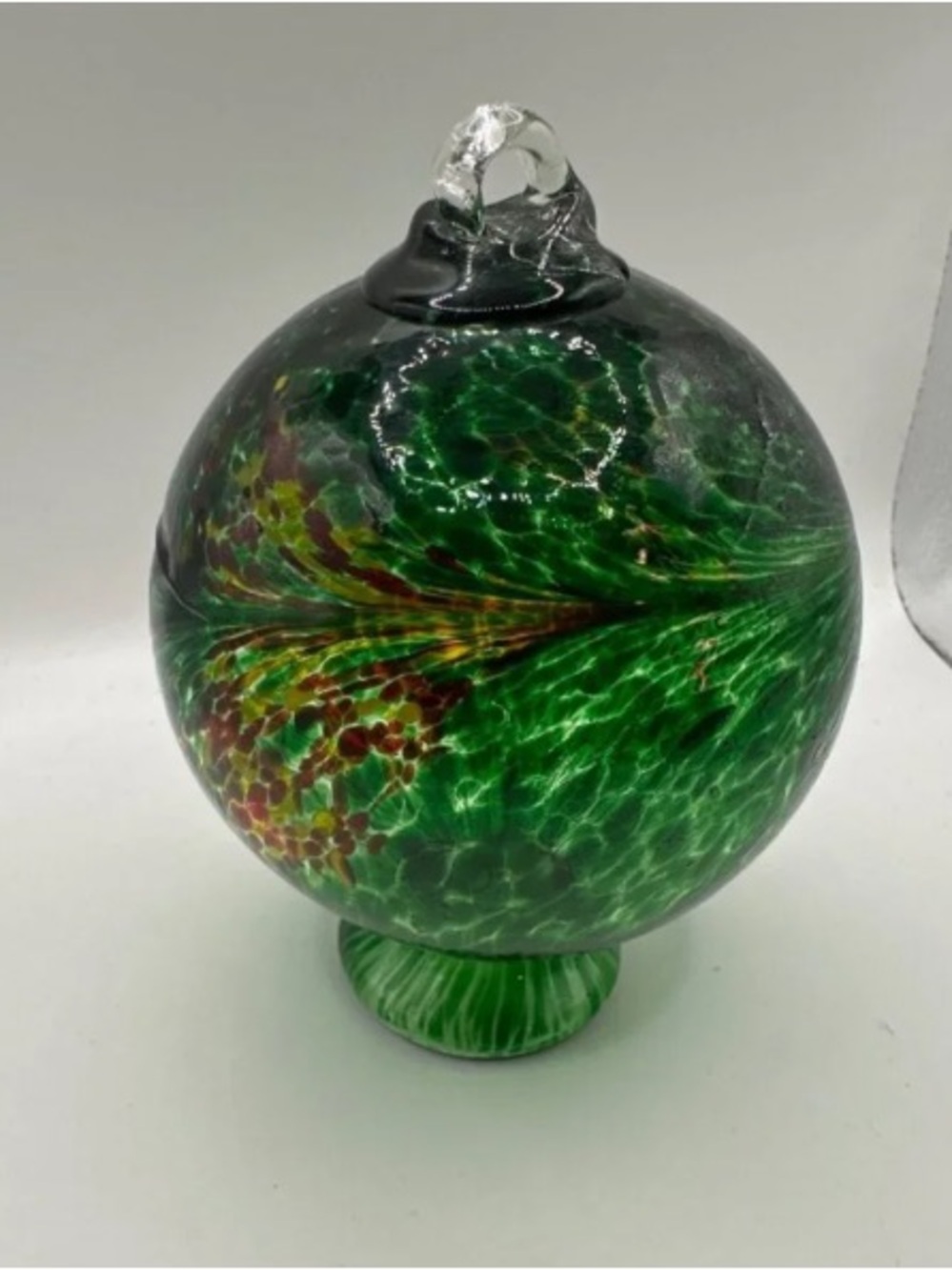 Handblown Green Glass Orb Sculpture with Floral Veining